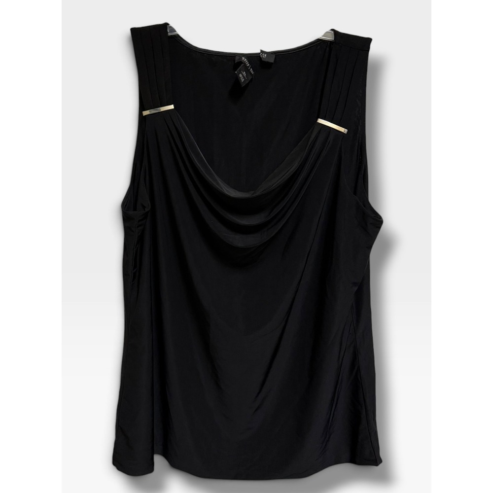 White House Black Market Black Draped Cowl Neck Sleeveless Top XL Gold Accent